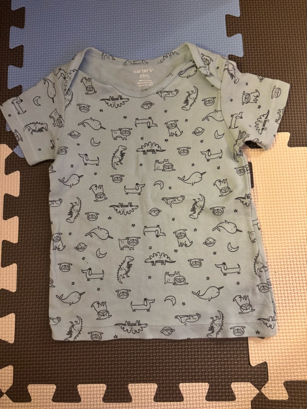 Carter's Light Blue Short Sleeve Tee with Black Animal & Space Print